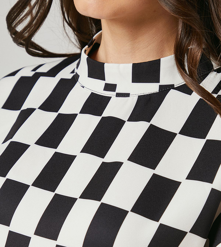 Check Print High Neck Detail Crepe Midi Dress