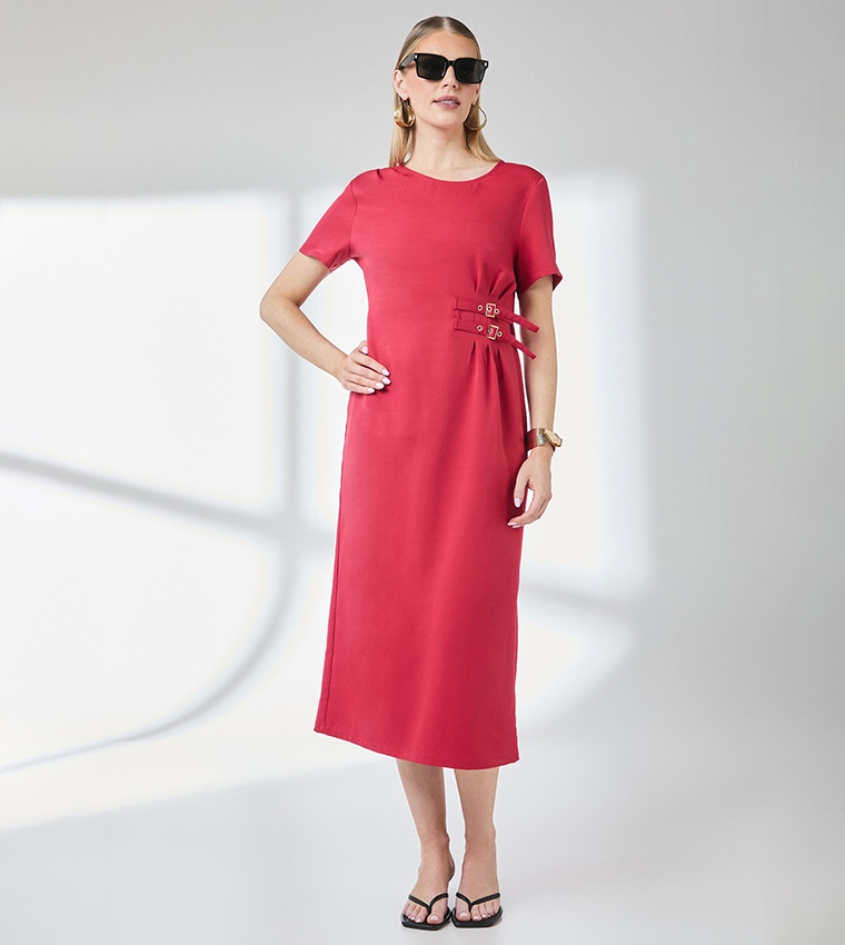 Buckle Detail Crepe Midi Dress