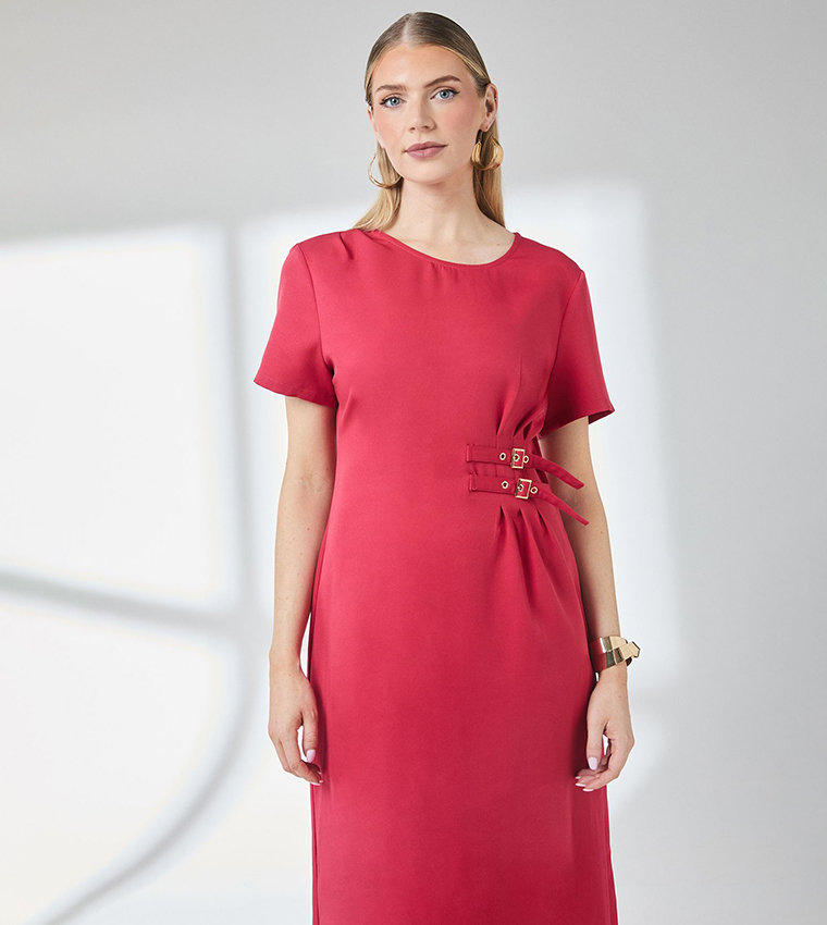 Buckle Detail Crepe Midi Dress