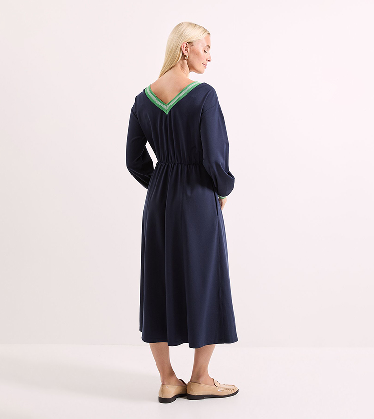 Ribbed Contrast Detail V-Neck Midi Dress