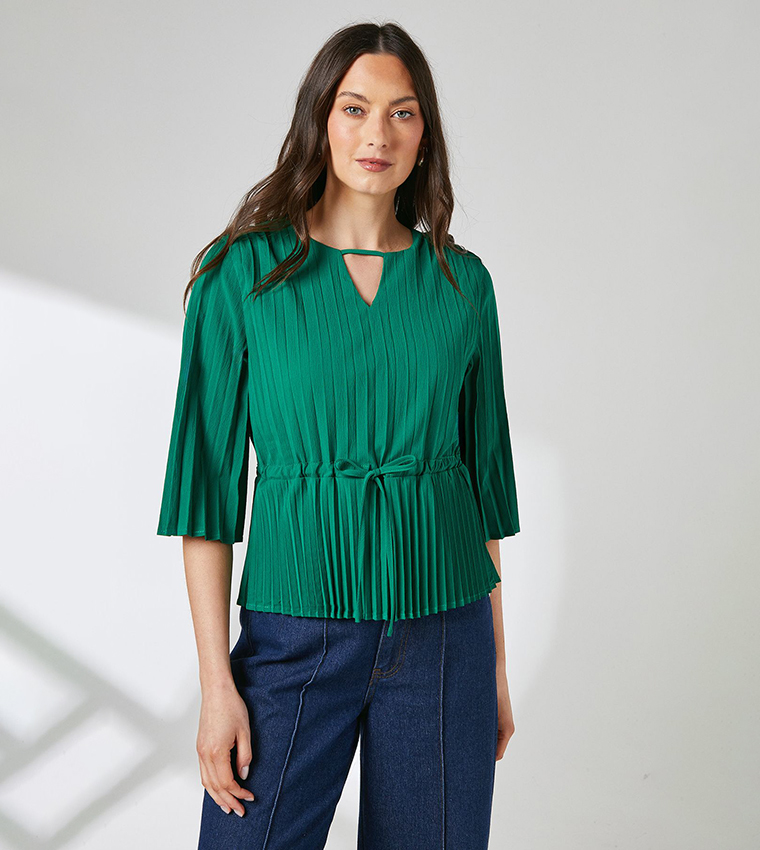 Pleated Drawstring Waist Crepe Top