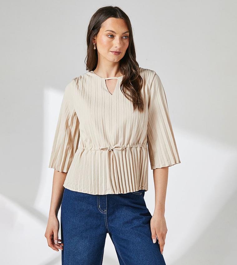 Pleated Drawstring Waist Crepe Top