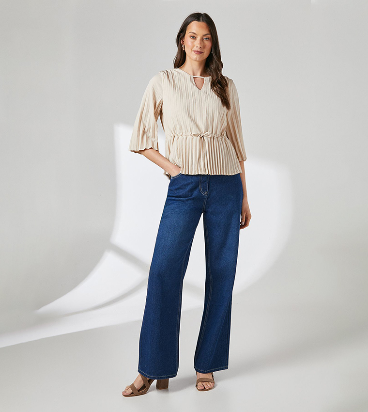 Pleated Drawstring Waist Crepe Top