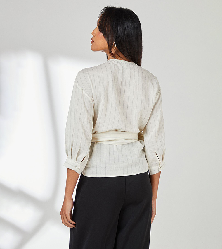 Striped Linen Blend Wrap Top