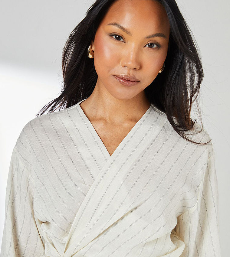 Striped Linen Blend Wrap Top