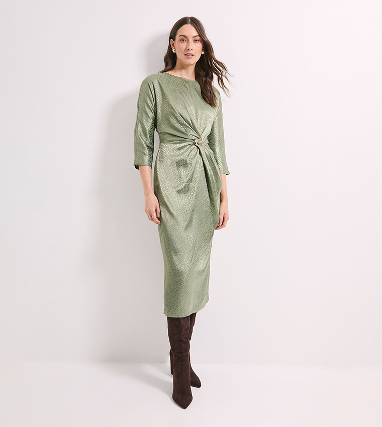 Buckle Detail Twist Front Satin Jacquard Midi Dress