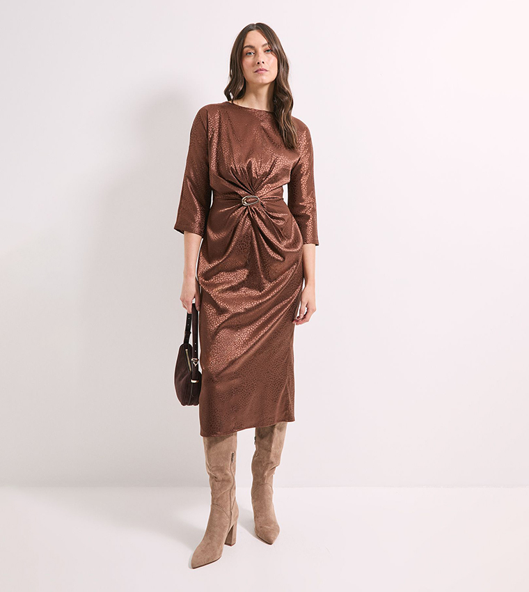 Buckle Detail Twist Front Satin Jacquard Midi Dress