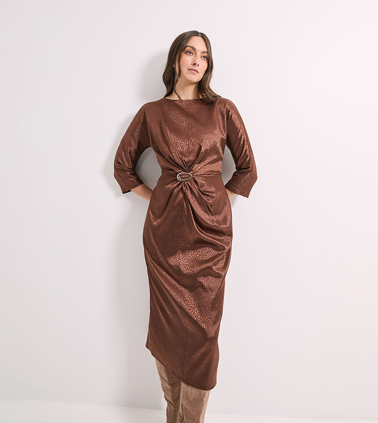 Buckle Detail Twist Front Satin Jacquard Midi Dress