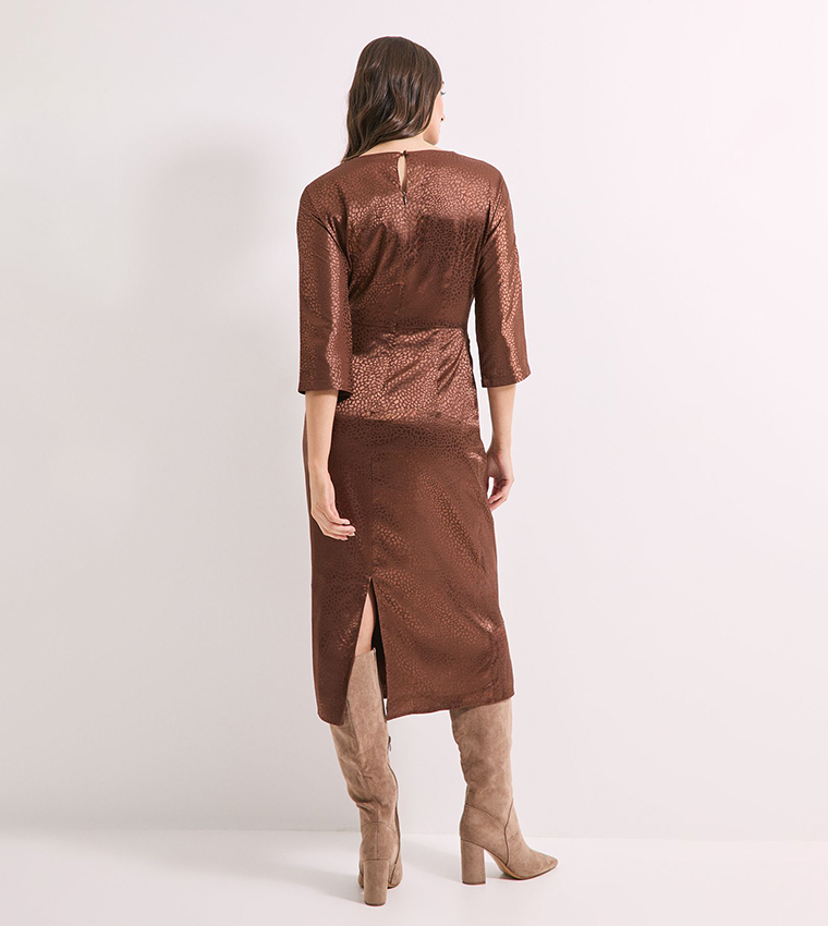 Buckle Detail Twist Front Satin Jacquard Midi Dress