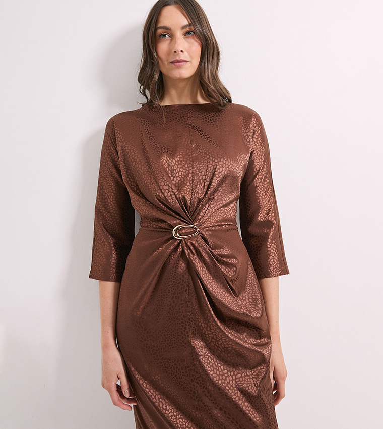 Buckle Detail Twist Front Satin Jacquard Midi Dress