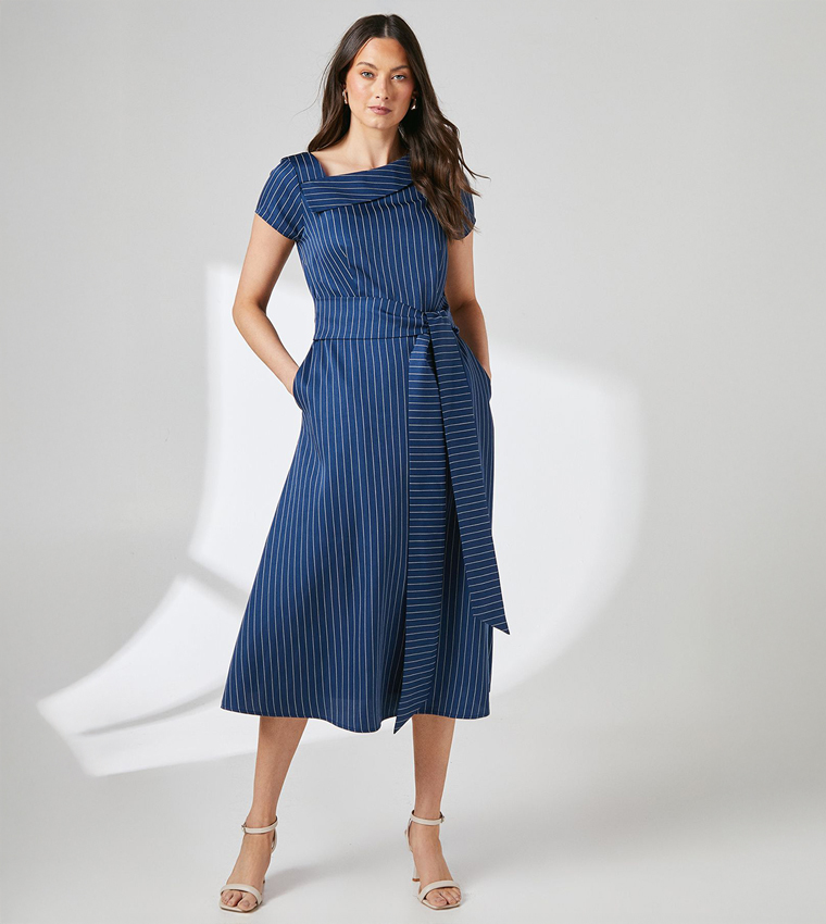 Striped Asymmetric Neckline Midi Dress