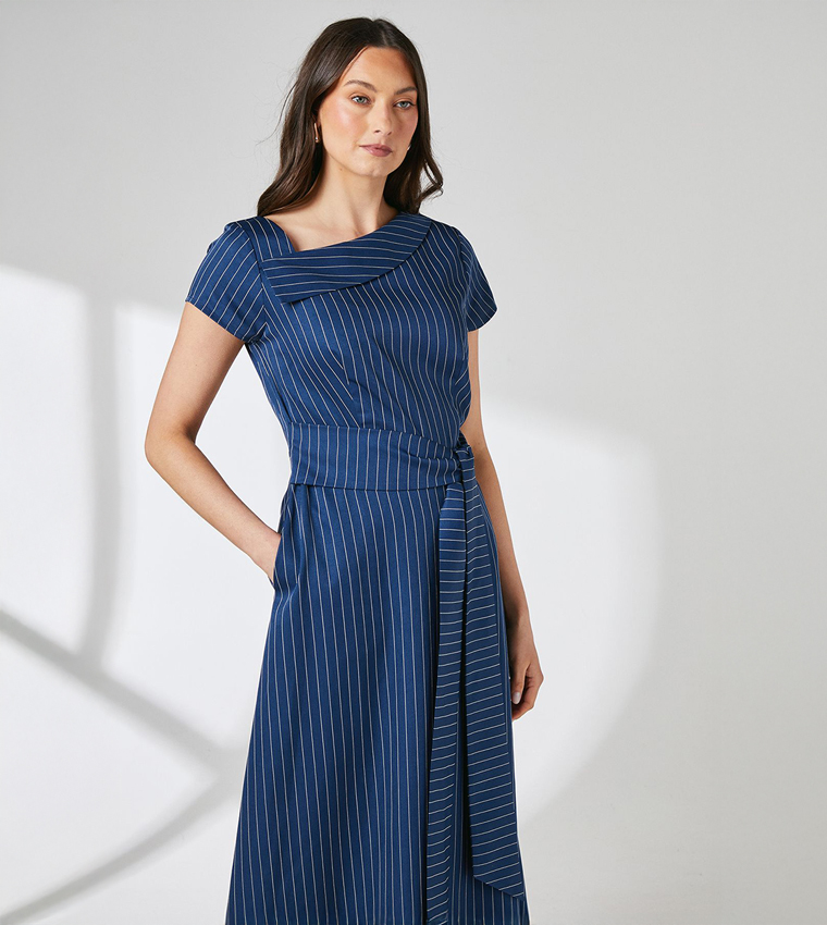 Striped Asymmetric Neckline Midi Dress
