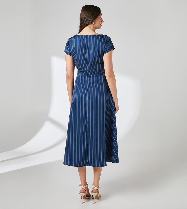 Striped Asymmetric Neckline Midi Dress
