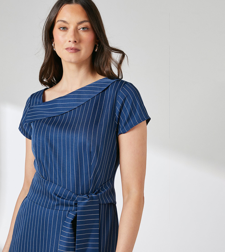 Striped Asymmetric Neckline Midi Dress