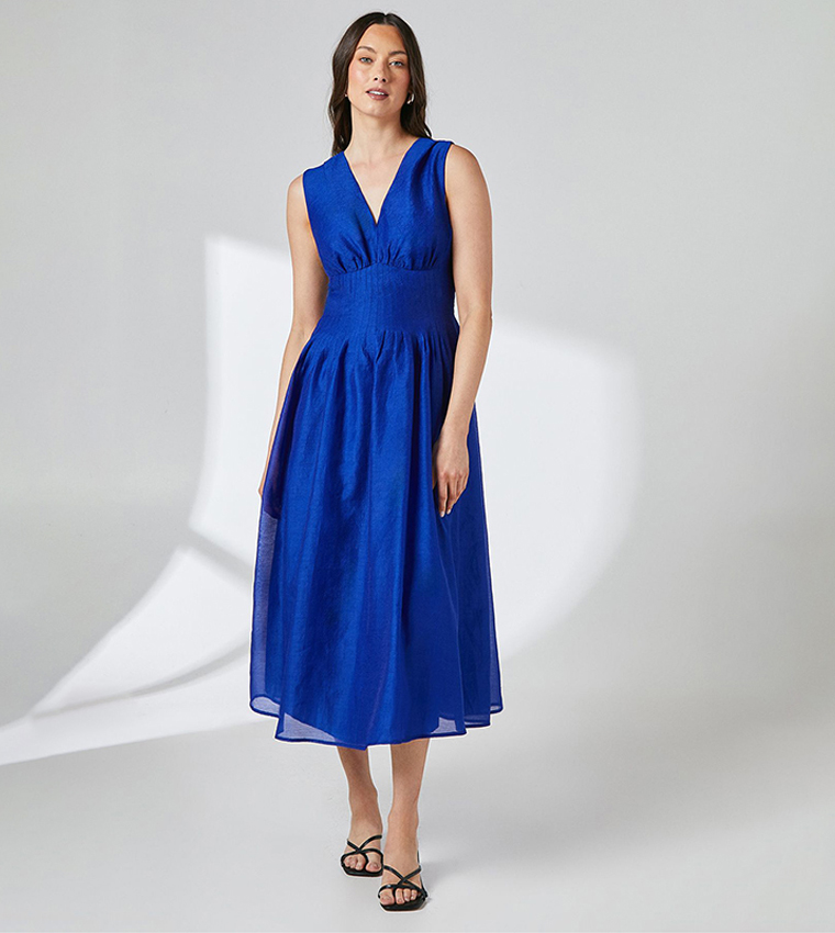 Pleat Detail V-Neck Organza Midi Dress