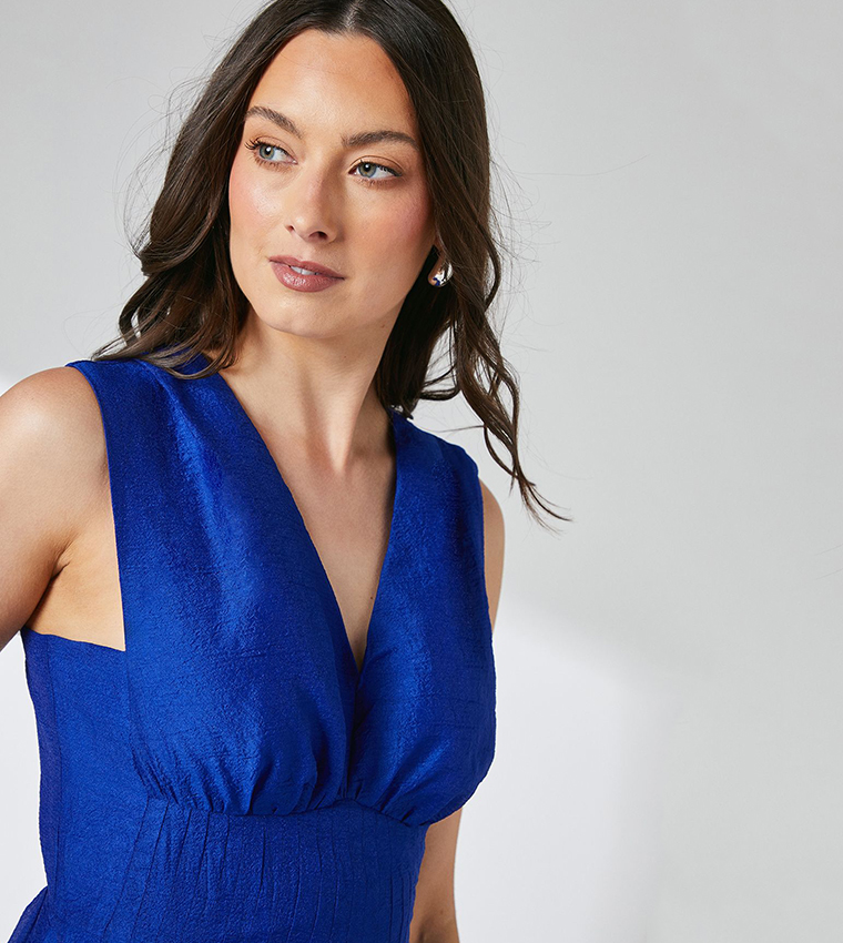 Pleat Detail V-Neck Organza Midi Dress
