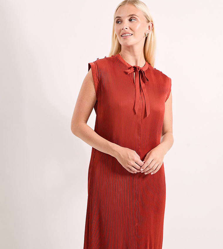 rust satin high neck tie front midi dress