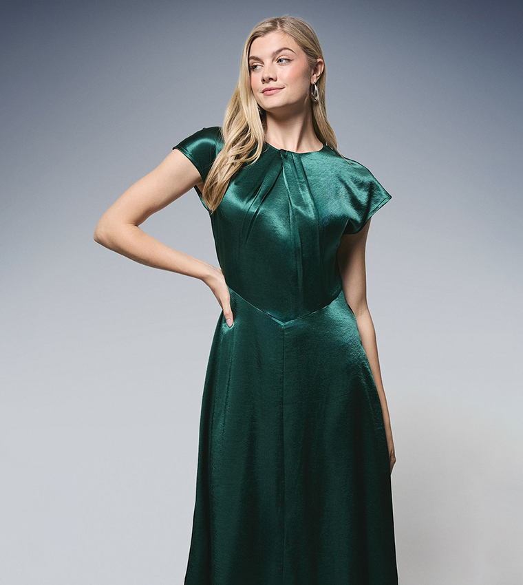 فستان حفلة ميدي ساتان بياقة تويست 