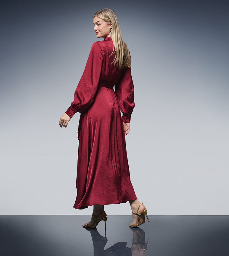 Belted High Neck Satin Midi Dress