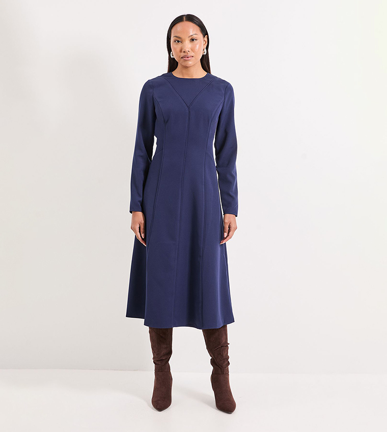 Contrast Seam Detail Fit & Flared Crepe Midi Dress