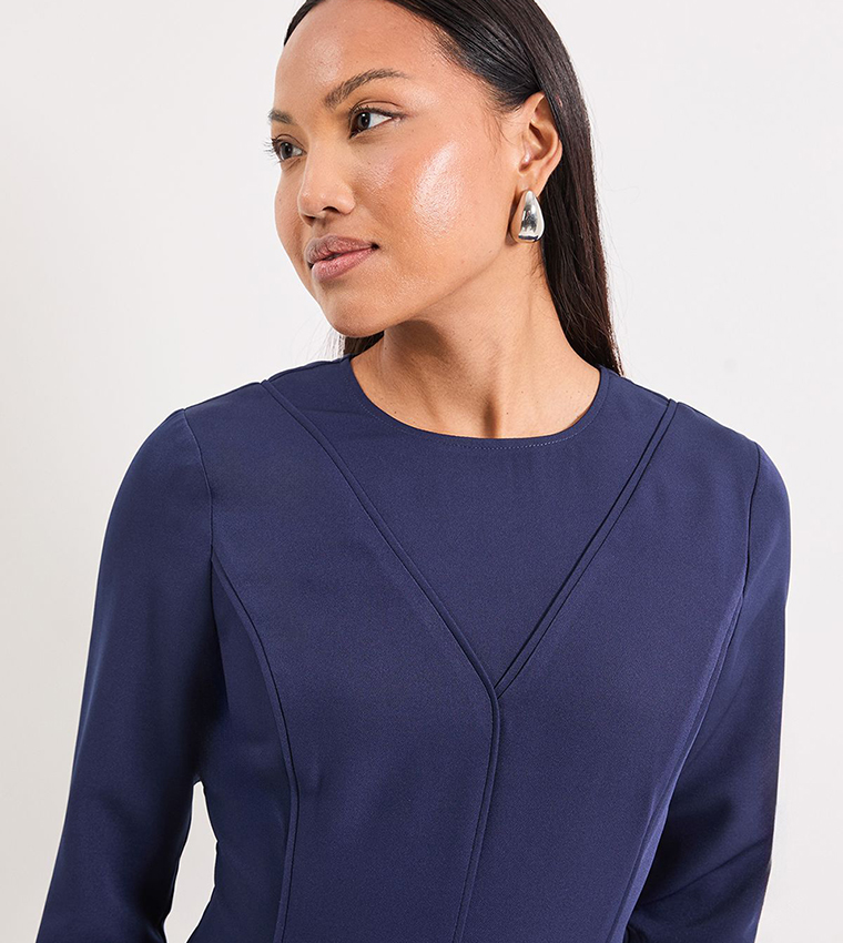 Contrast Seam Detail Fit & Flared Crepe Midi Dress