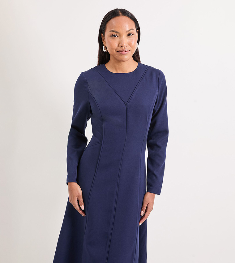Contrast Seam Detail Fit & Flared Crepe Midi Dress