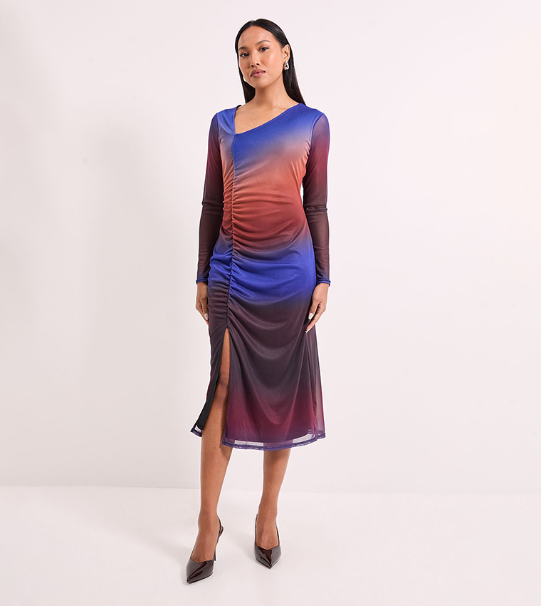 Ombre Ruched Draw Chord Detail Mesh Midi Dress