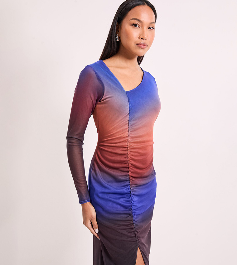 Ombre Ruched Draw Chord Detail Mesh Midi Dress