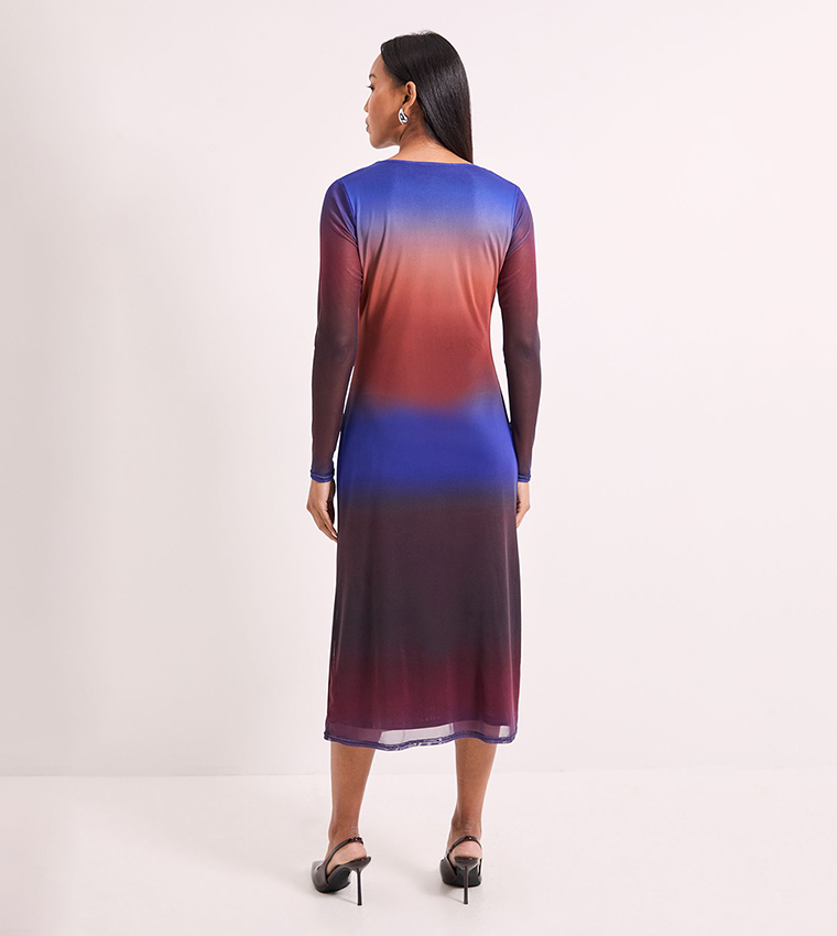 Ombre Ruched Draw Chord Detail Mesh Midi Dress