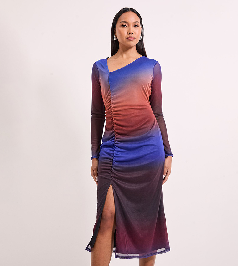 Ombre Ruched Draw Chord Detail Mesh Midi Dress