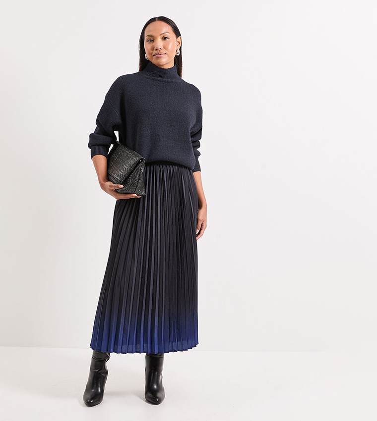 Ombre Print Pleated Midi Skirt