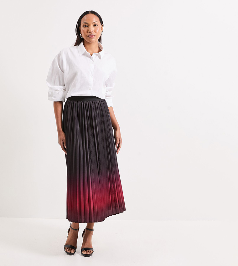 Ombre Print Pleated Midi Skirt