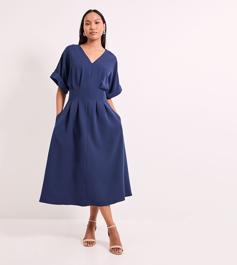 Pleat Waist Relaxed Cuff Crepe Midi Dress