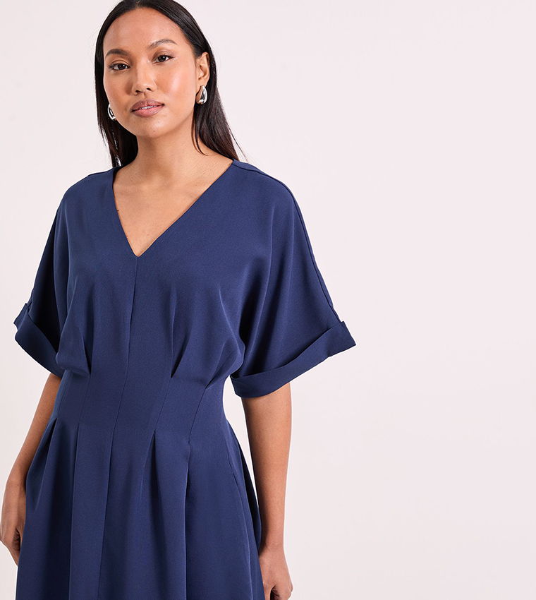 Pleat Waist Relaxed Cuff Crepe Midi Dress