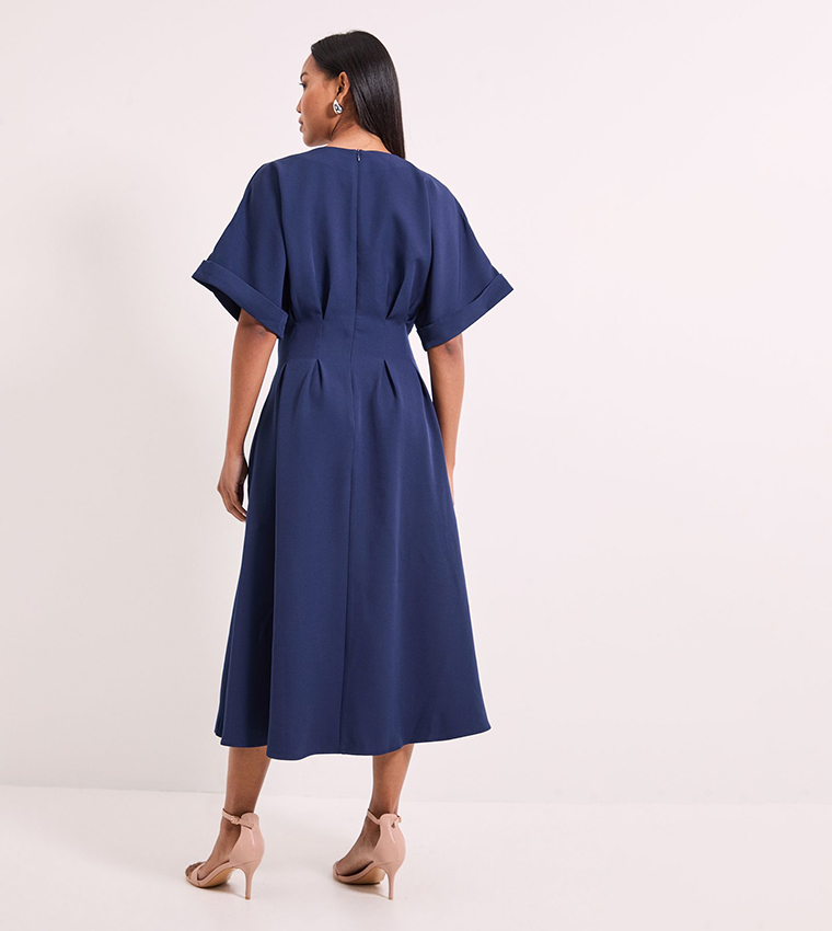 Pleat Waist Relaxed Cuff Crepe Midi Dress