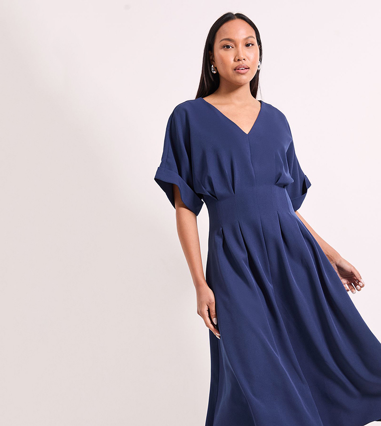 Pleat Waist Relaxed Cuff Crepe Midi Dress