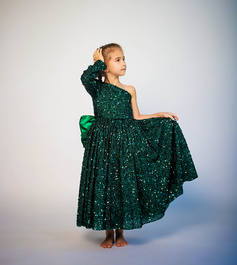 Girl's Bow Detailed Sequins Dress