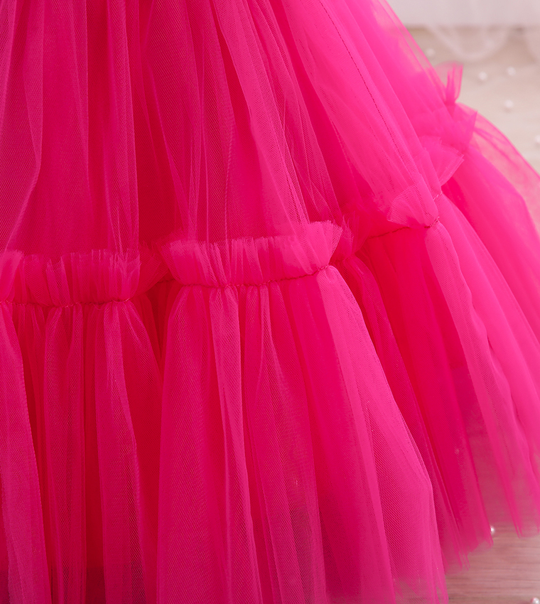 Bow Front Ruffle Hem Mesh Gown Dress