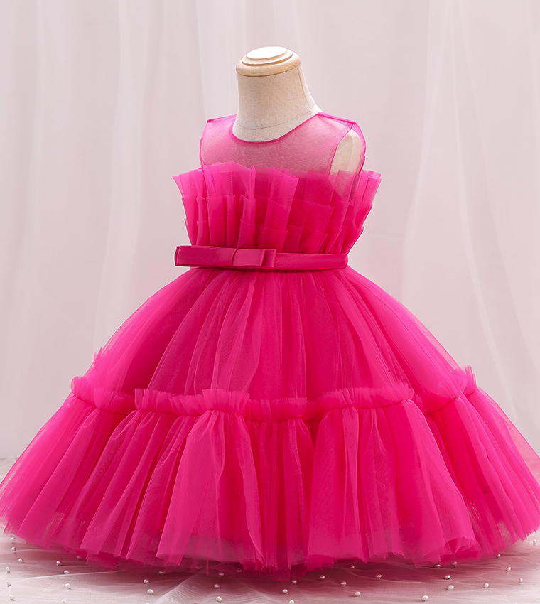Bow Front Ruffle Hem Mesh Gown Dress