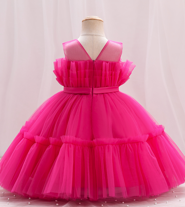 Bow Front Ruffle Hem Mesh Gown Dress