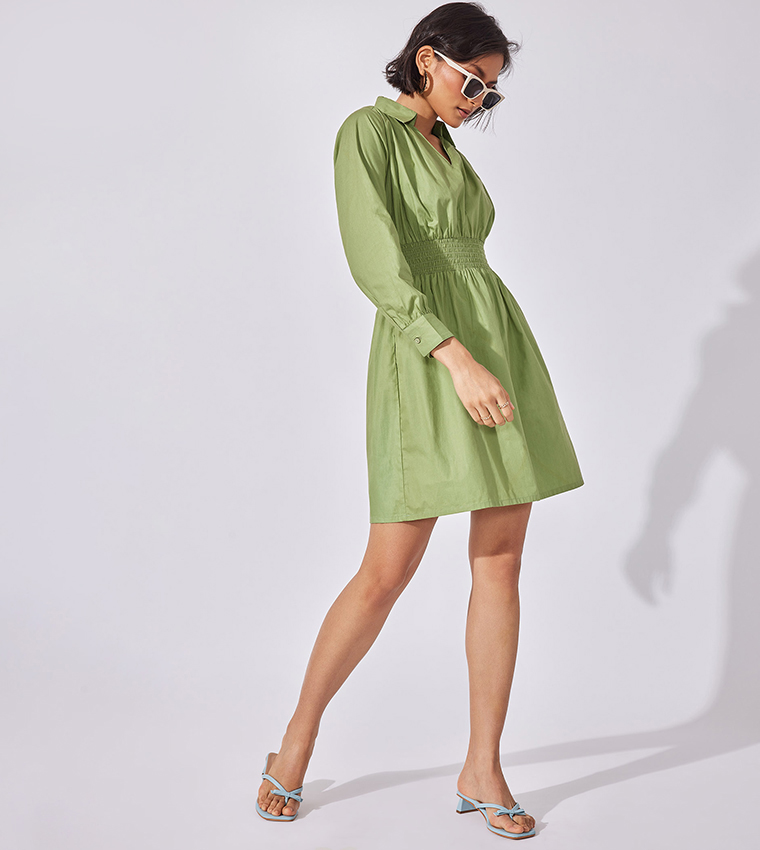 Buy The Label Life Smocked Waist Long Sleeves Mini Dress In Green 6thStreet Bahrain