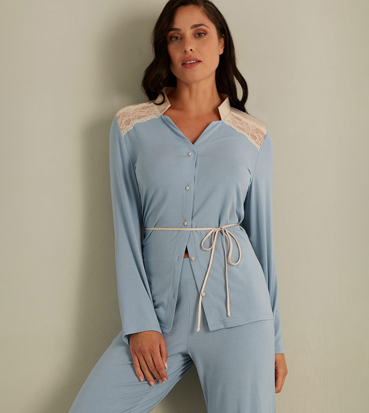 Buy Yamamay Lace Detail Long Sleeves Pajama Set In Blue 6thStreet Kuwait