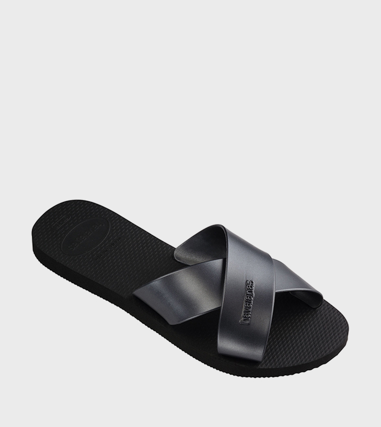 Aqua Metallic Criss-Cross Slide Sandals