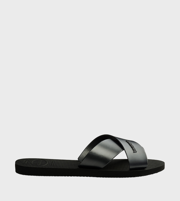 Aqua Metallic Criss-Cross Slide Sandals