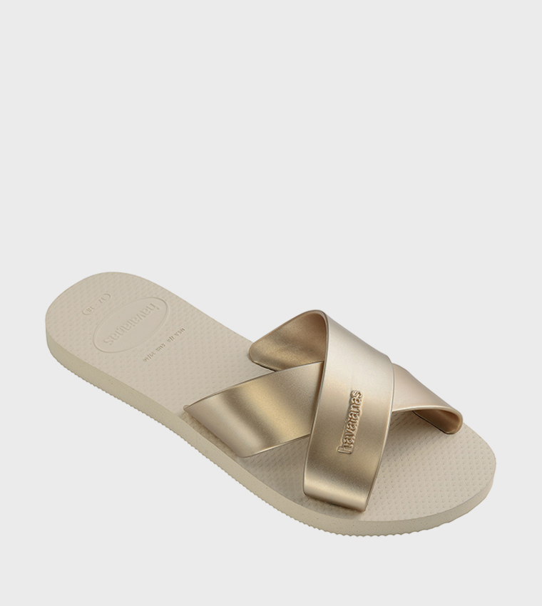 Aqua Metallic Criss-Cross Slide Sandals