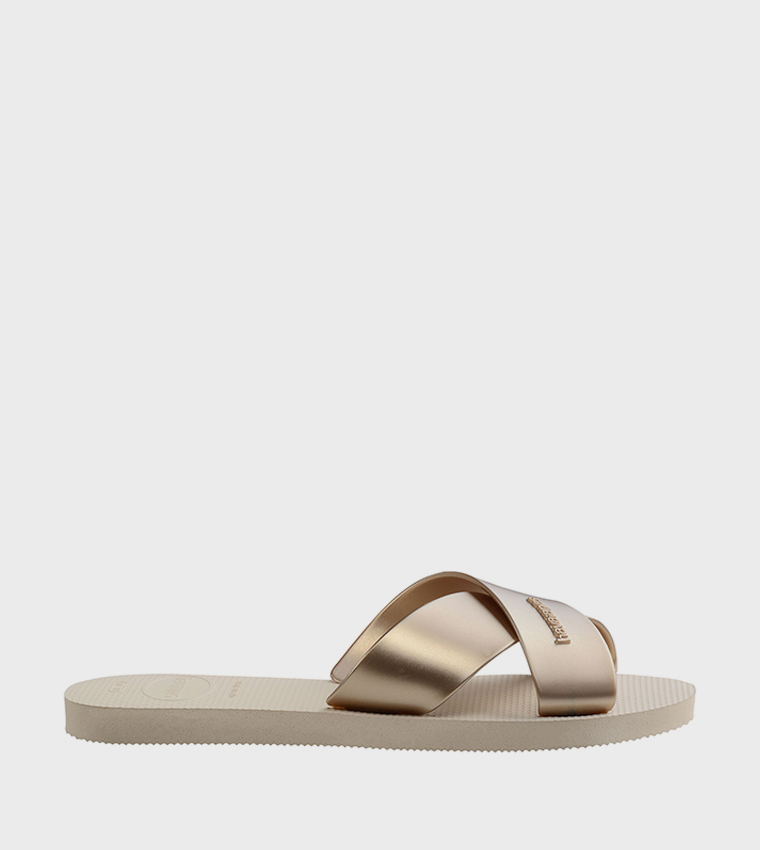 Aqua Metallic Criss-Cross Slide Sandals