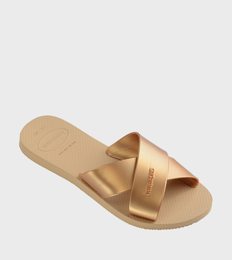 Aqua Metallic Criss-Cross Slide Sandals