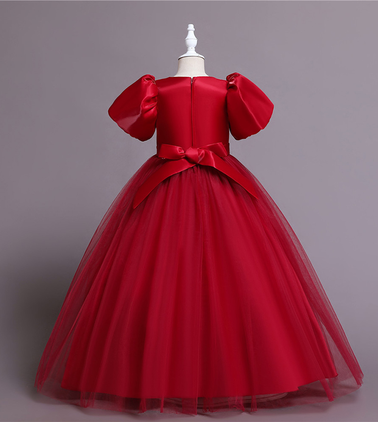 Puff Sleeve Long Tulle Pearl Dress