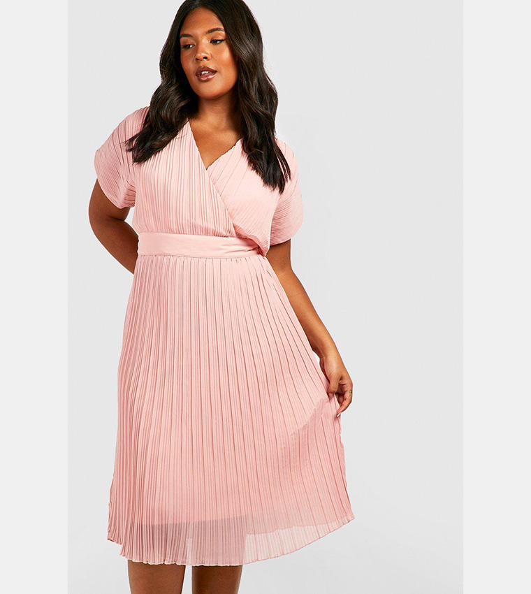 Pink pleated midi sales dress