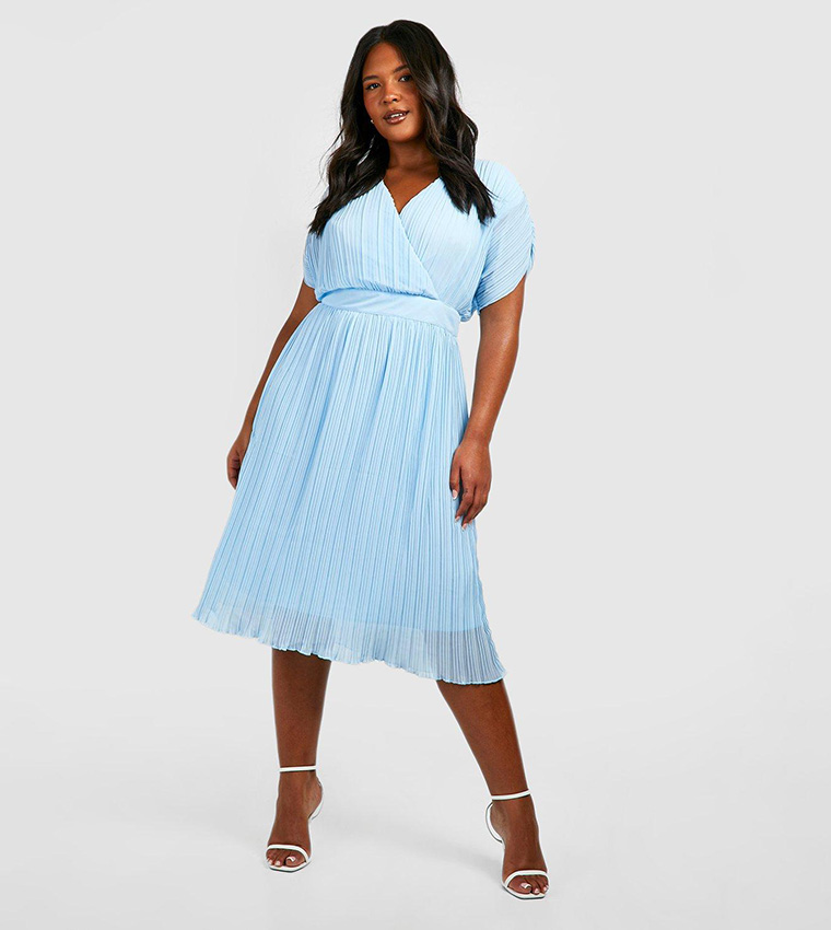 boohoo plus occasion pleated wrap midi dress Buy Boohoo Occasion Pleated Wrap Midi Dress In Blue